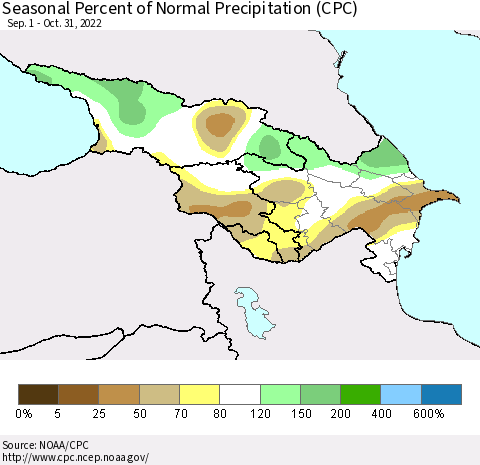Azerbaijan, Armenia and Georgia Seasonal Percent of Normal Precipitation (CPC) Thematic Map For 9/1/2022 - 10/31/2022