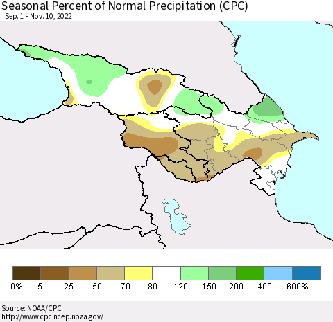 Azerbaijan, Armenia and Georgia Seasonal Percent of Normal Precipitation (CPC) Thematic Map For 9/1/2022 - 11/10/2022