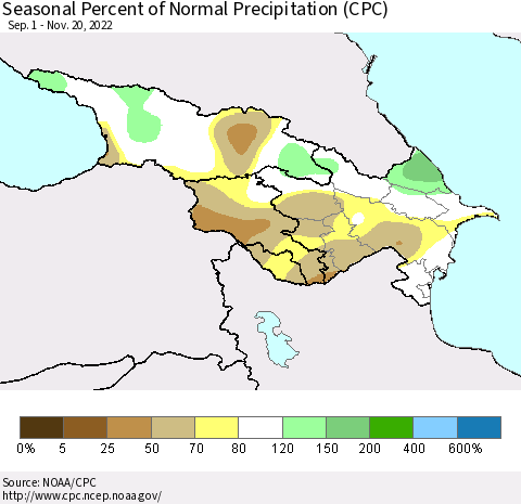 Azerbaijan, Armenia and Georgia Seasonal Percent of Normal Precipitation (CPC) Thematic Map For 9/1/2022 - 11/20/2022