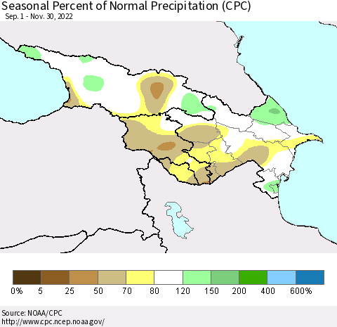 Azerbaijan, Armenia and Georgia Seasonal Percent of Normal Precipitation (CPC) Thematic Map For 9/1/2022 - 11/30/2022