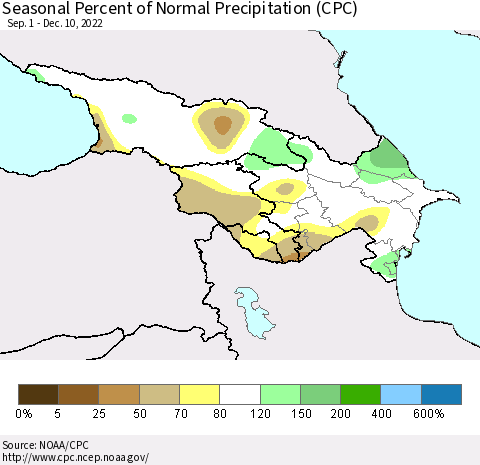Azerbaijan, Armenia and Georgia Seasonal Percent of Normal Precipitation (CPC) Thematic Map For 9/1/2022 - 12/10/2022