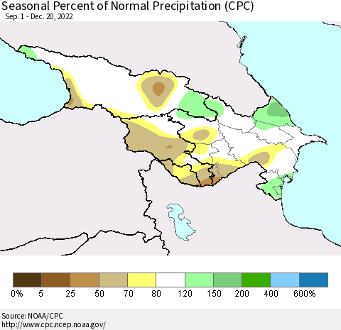 Azerbaijan, Armenia and Georgia Seasonal Percent of Normal Precipitation (CPC) Thematic Map For 9/1/2022 - 12/20/2022