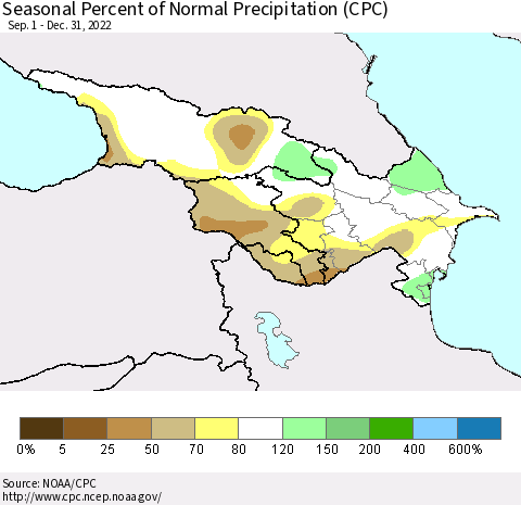 Azerbaijan, Armenia and Georgia Seasonal Percent of Normal Precipitation (CPC) Thematic Map For 9/1/2022 - 12/31/2022