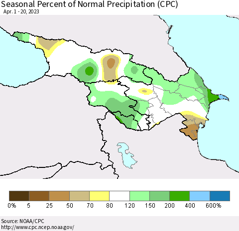 Azerbaijan, Armenia and Georgia Seasonal Percent of Normal Precipitation (CPC) Thematic Map For 4/1/2023 - 4/20/2023