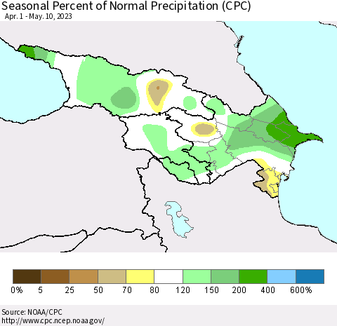 Azerbaijan, Armenia and Georgia Seasonal Percent of Normal Precipitation (CPC) Thematic Map For 4/1/2023 - 5/10/2023
