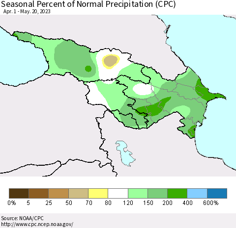 Azerbaijan, Armenia and Georgia Seasonal Percent of Normal Precipitation (CPC) Thematic Map For 4/1/2023 - 5/20/2023