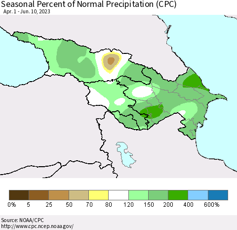 Azerbaijan, Armenia and Georgia Seasonal Percent of Normal Precipitation (CPC) Thematic Map For 4/1/2023 - 6/10/2023