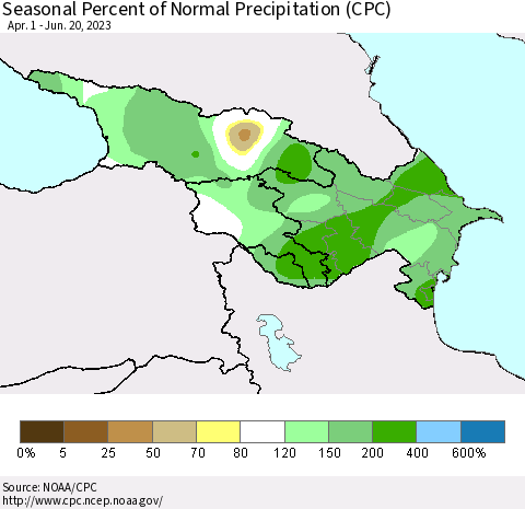 Azerbaijan, Armenia and Georgia Seasonal Percent of Normal Precipitation (CPC) Thematic Map For 4/1/2023 - 6/20/2023