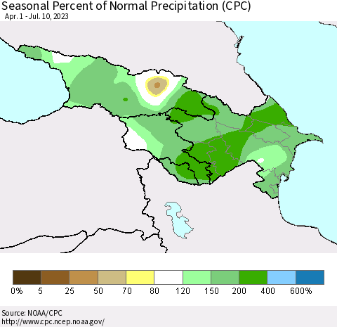 Azerbaijan, Armenia and Georgia Seasonal Percent of Normal Precipitation (CPC) Thematic Map For 4/1/2023 - 7/10/2023