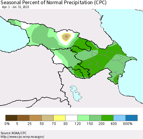 Azerbaijan, Armenia and Georgia Seasonal Percent of Normal Precipitation (CPC) Thematic Map For 4/1/2023 - 7/31/2023
