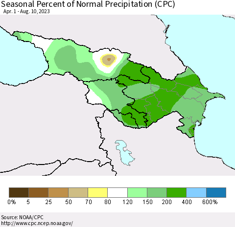 Azerbaijan, Armenia and Georgia Seasonal Percent of Normal Precipitation (CPC) Thematic Map For 4/1/2023 - 8/10/2023