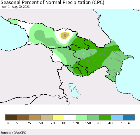 Azerbaijan, Armenia and Georgia Seasonal Percent of Normal Precipitation (CPC) Thematic Map For 4/1/2023 - 8/20/2023