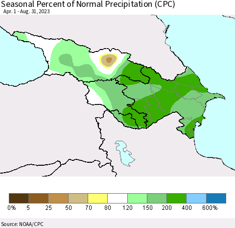 Azerbaijan, Armenia and Georgia Seasonal Percent of Normal Precipitation (CPC) Thematic Map For 4/1/2023 - 8/31/2023