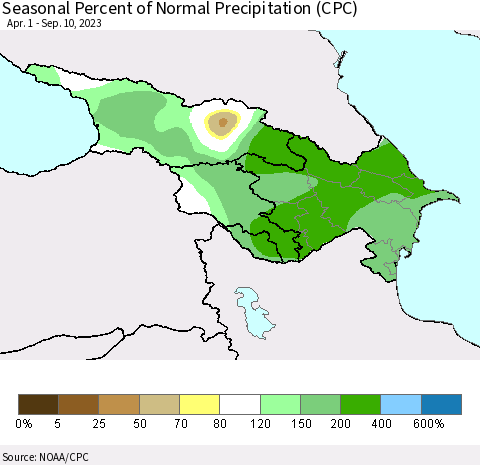 Azerbaijan, Armenia and Georgia Seasonal Percent of Normal Precipitation (CPC) Thematic Map For 4/1/2023 - 9/10/2023