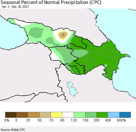 Azerbaijan, Armenia and Georgia Seasonal Percent of Normal Precipitation (CPC) Thematic Map For 4/1/2023 - 9/20/2023