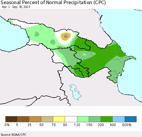 Azerbaijan, Armenia and Georgia Seasonal Percent of Normal Precipitation (CPC) Thematic Map For 4/1/2023 - 9/30/2023