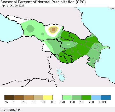 Azerbaijan, Armenia and Georgia Seasonal Percent of Normal Precipitation (CPC) Thematic Map For 4/1/2023 - 10/20/2023