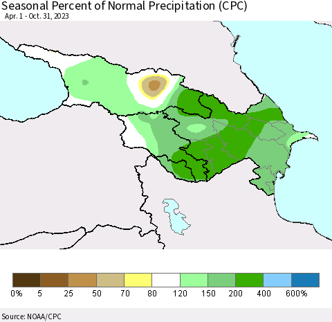 Azerbaijan, Armenia and Georgia Seasonal Percent of Normal Precipitation (CPC) Thematic Map For 4/1/2023 - 10/31/2023
