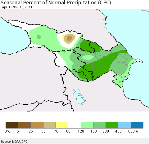 Azerbaijan, Armenia and Georgia Seasonal Percent of Normal Precipitation (CPC) Thematic Map For 4/1/2023 - 11/10/2023