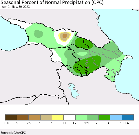 Azerbaijan, Armenia and Georgia Seasonal Percent of Normal Precipitation (CPC) Thematic Map For 4/1/2023 - 11/30/2023