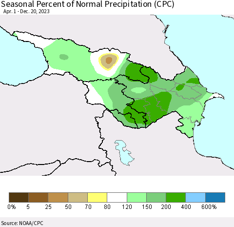 Azerbaijan, Armenia and Georgia Seasonal Percent of Normal Precipitation (CPC) Thematic Map For 4/1/2023 - 12/20/2023