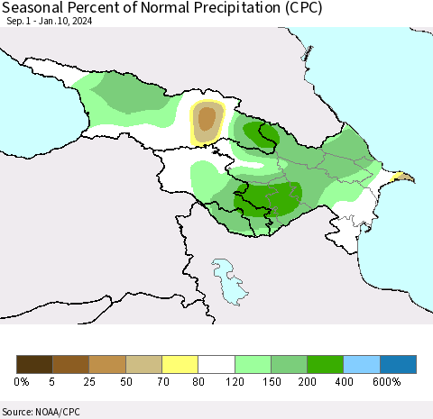 Azerbaijan, Armenia and Georgia Seasonal Percent of Normal Precipitation (CPC) Thematic Map For 9/1/2023 - 1/10/2024
