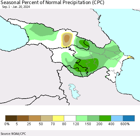 Azerbaijan, Armenia and Georgia Seasonal Percent of Normal Precipitation (CPC) Thematic Map For 9/1/2023 - 1/20/2024