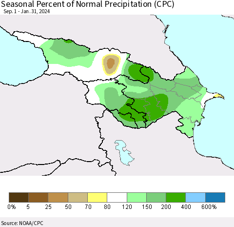 Azerbaijan, Armenia and Georgia Seasonal Percent of Normal Precipitation (CPC) Thematic Map For 9/1/2023 - 1/31/2024