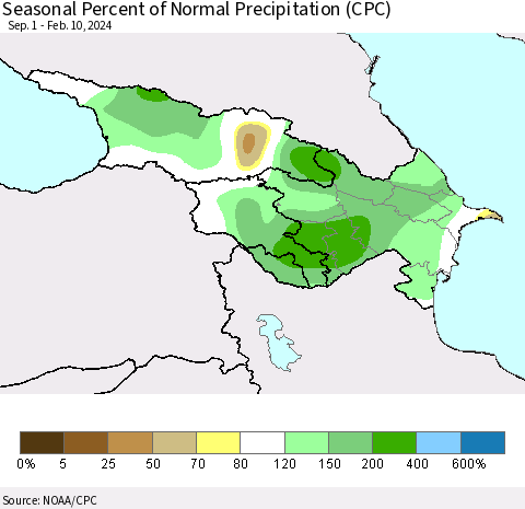 Azerbaijan, Armenia and Georgia Seasonal Percent of Normal Precipitation (CPC) Thematic Map For 9/1/2023 - 2/10/2024