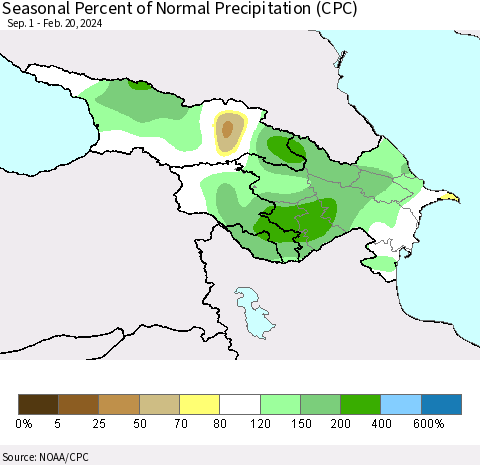 Azerbaijan, Armenia and Georgia Seasonal Percent of Normal Precipitation (CPC) Thematic Map For 9/1/2023 - 2/20/2024