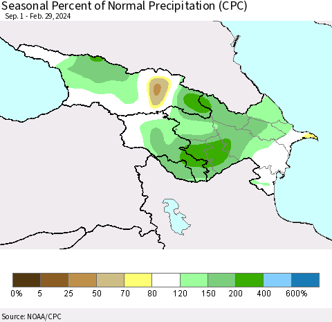 Azerbaijan, Armenia and Georgia Seasonal Percent of Normal Precipitation (CPC) Thematic Map For 9/1/2023 - 2/29/2024