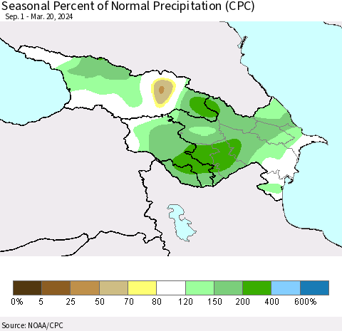 Azerbaijan, Armenia and Georgia Seasonal Percent of Normal Precipitation (CPC) Thematic Map For 9/1/2023 - 3/20/2024