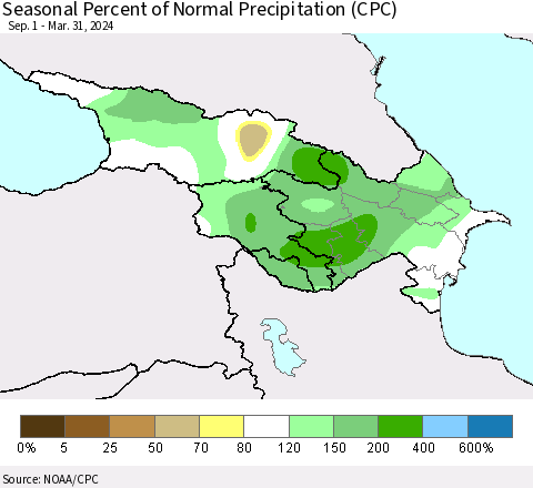 Azerbaijan, Armenia and Georgia Seasonal Percent of Normal Precipitation (CPC) Thematic Map For 9/1/2023 - 3/31/2024