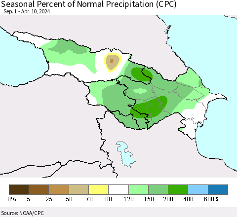 Azerbaijan, Armenia and Georgia Seasonal Percent of Normal Precipitation (CPC) Thematic Map For 9/1/2023 - 4/10/2024