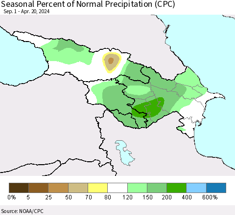 Azerbaijan, Armenia and Georgia Seasonal Percent of Normal Precipitation (CPC) Thematic Map For 9/1/2023 - 4/20/2024