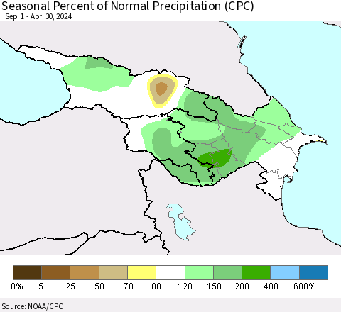 Azerbaijan, Armenia and Georgia Seasonal Percent of Normal Precipitation (CPC) Thematic Map For 9/1/2023 - 4/30/2024
