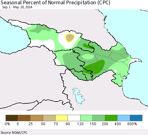 Azerbaijan, Armenia and Georgia Seasonal Percent of Normal Precipitation (CPC) Thematic Map For 9/1/2023 - 5/20/2024
