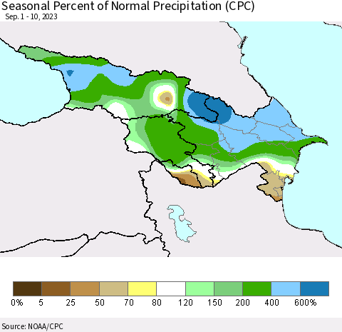 Azerbaijan, Armenia and Georgia Seasonal Percent of Normal Precipitation (CPC) Thematic Map For 9/1/2023 - 9/10/2023
