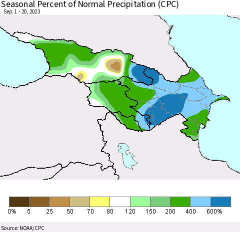 Azerbaijan, Armenia and Georgia Seasonal Percent of Normal Precipitation (CPC) Thematic Map For 9/1/2023 - 9/20/2023