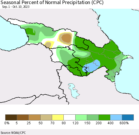 Azerbaijan, Armenia and Georgia Seasonal Percent of Normal Precipitation (CPC) Thematic Map For 9/1/2023 - 10/10/2023