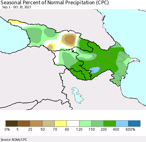Azerbaijan, Armenia and Georgia Seasonal Percent of Normal Precipitation (CPC) Thematic Map For 9/1/2023 - 10/20/2023