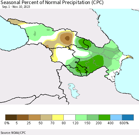 Azerbaijan, Armenia and Georgia Seasonal Percent of Normal Precipitation (CPC) Thematic Map For 9/1/2023 - 11/10/2023
