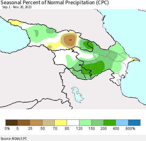 Azerbaijan, Armenia and Georgia Seasonal Percent of Normal Precipitation (CPC) Thematic Map For 9/1/2023 - 11/20/2023