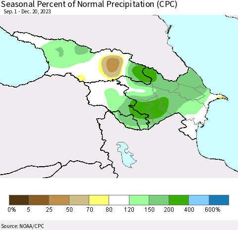 Azerbaijan, Armenia and Georgia Seasonal Percent of Normal Precipitation (CPC) Thematic Map For 9/1/2023 - 12/20/2023