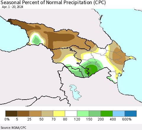 Azerbaijan, Armenia and Georgia Seasonal Percent of Normal Precipitation (CPC) Thematic Map For 4/1/2024 - 4/20/2024