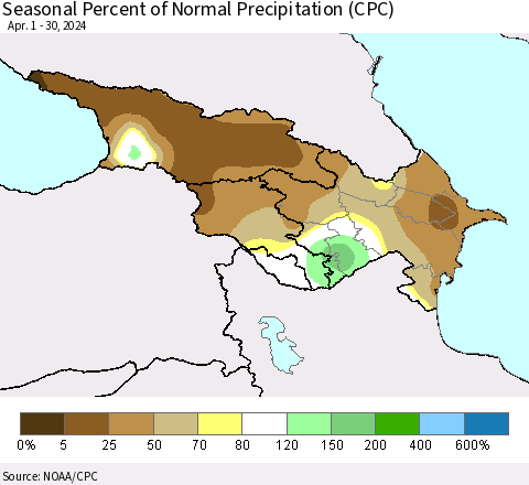 Azerbaijan, Armenia and Georgia Seasonal Percent of Normal Precipitation (CPC) Thematic Map For 4/1/2024 - 4/30/2024