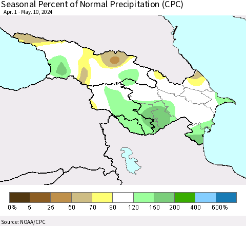 Azerbaijan, Armenia and Georgia Seasonal Percent of Normal Precipitation (CPC) Thematic Map For 4/1/2024 - 5/10/2024
