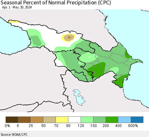 Azerbaijan, Armenia and Georgia Seasonal Percent of Normal Precipitation (CPC) Thematic Map For 4/1/2024 - 5/20/2024