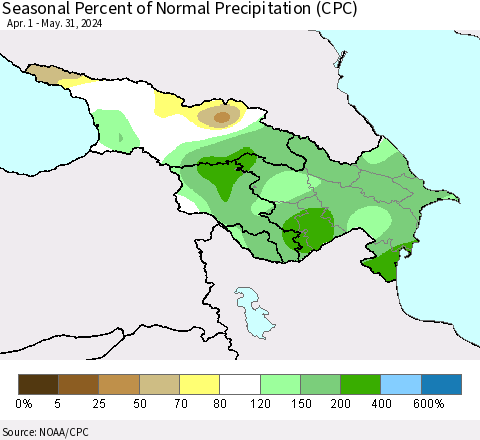 Azerbaijan, Armenia and Georgia Seasonal Percent of Normal Precipitation (CPC) Thematic Map For 4/1/2024 - 5/31/2024