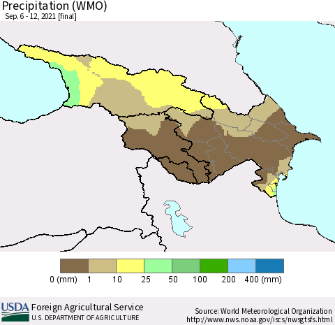 Azerbaijan, Armenia and Georgia Precipitation (WMO) Thematic Map For 9/6/2021 - 9/12/2021